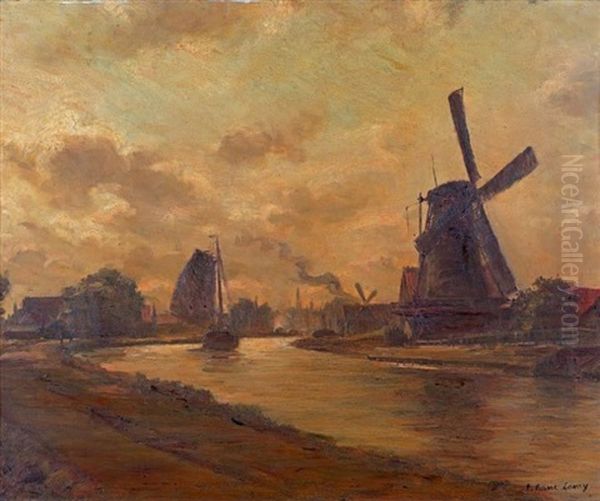 Moulins En Hollande Oil Painting by Pierre (Desire Eugene) Franc Lamy