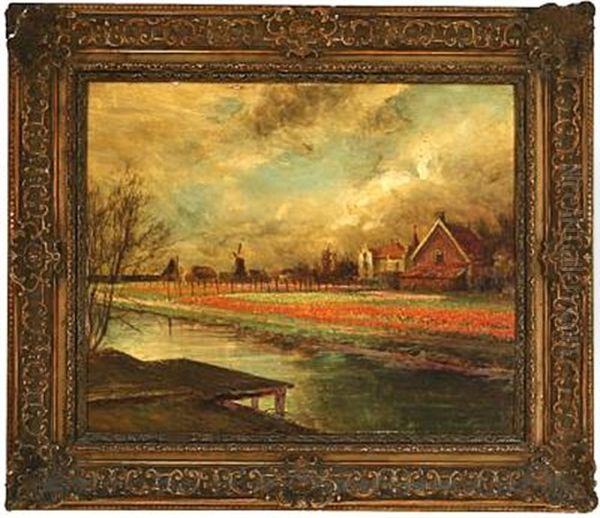 Tulip Fields At A Canal, Holland Oil Painting by Pierre (Desire Eugene) Franc Lamy