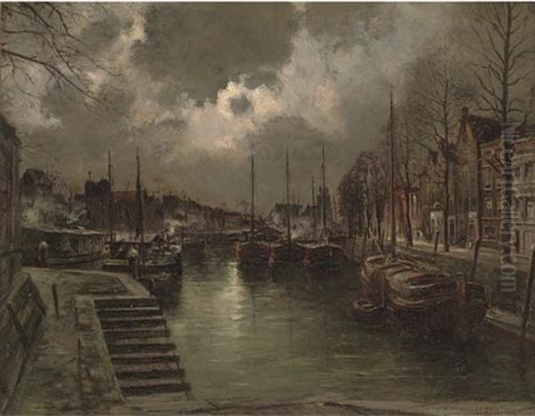 Dordrecht By Moonlight Oil Painting by Pierre (Desire Eugene) Franc Lamy