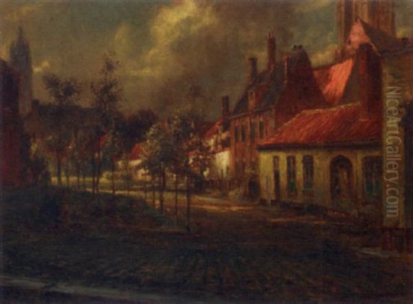 A Sunlit Street, Bruges Oil Painting by Pierre (Desire Eugene) Franc Lamy