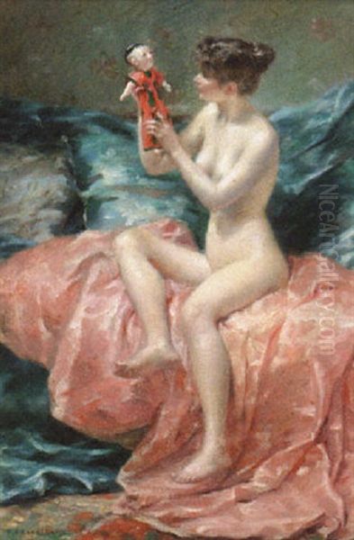 A Young Nude With A Doll Oil Painting by Pierre (Desire Eugene) Franc Lamy