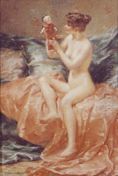 Jeune Femme A La Poupee Japonaise Oil Painting by Pierre (Desire Eugene) Franc Lamy