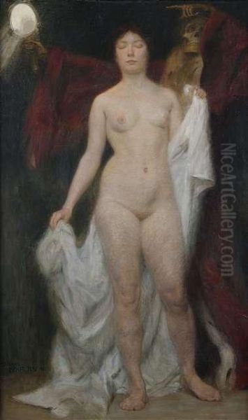 Female Nude 
With Death As A Vanitas Allegory Oil Painting by Hermann Behrens