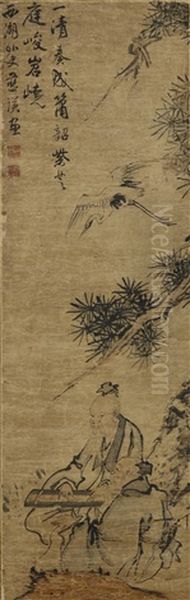 Scholar Playing Qin Under Pine Tree Oil Painting by  Lan Ying