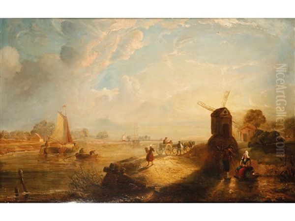 A Dutch Estuary Scene With Windmills Oil Painting by Richard Hume Lancaster