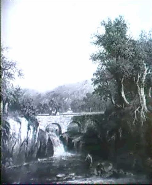 Welsh River Landscape With Figures Crossing A Bridge Oil Painting by Richard Hume Lancaster