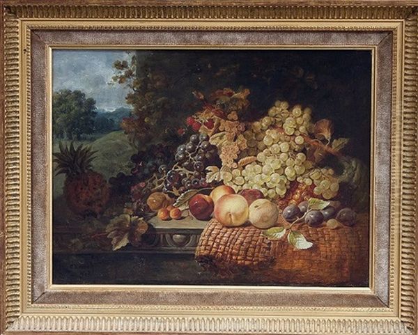 Still Life With Grapes And Other Fruit On A Ledge Oil Painting by George Lance