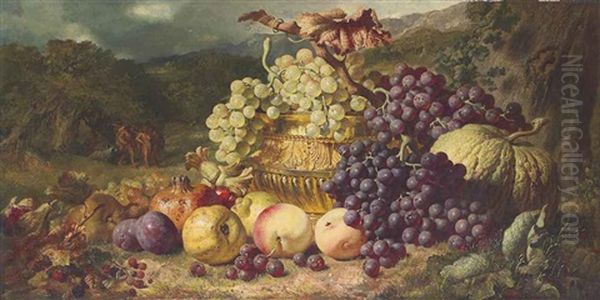 Grapes In A Gilded Basin With Peaches, Plums, Apples, Pears, Figs, Blackberries, Hazelnuts, A Pomegranate And A Gourd, In A Landscape Oil Painting by George Lance