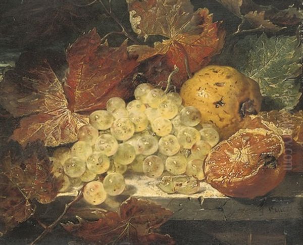 Grapes, An Orange And A Lemon With Autumn Leaves On A Ledge Oil Painting by George Lance