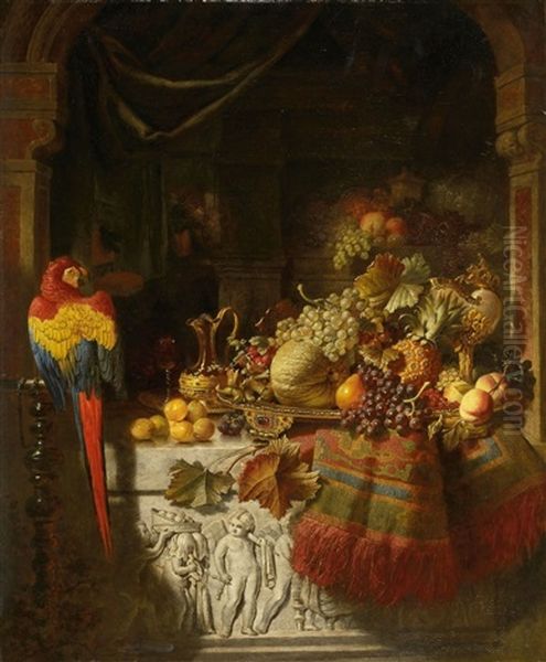 Fruchtestillleben Mit Papagei Oil Painting by George Lance