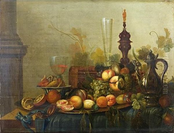 Still Life With Fruit, Glass And Metalware Oil Painting by George Lance