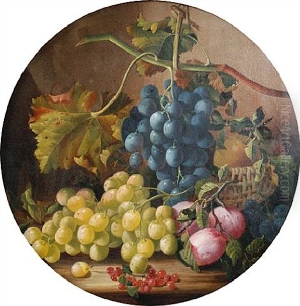 Still Life With Grapes And Other Fruit On A Shelf by George Lance