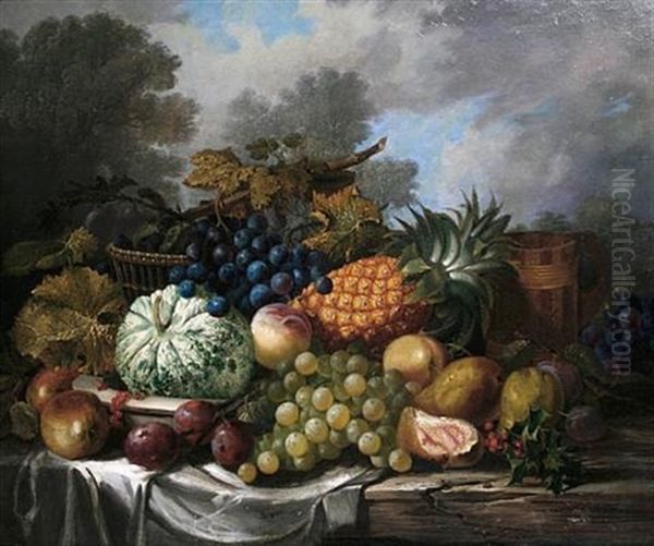 A Still Life Of A Melon, Pineapple, Grapes, Plums And Other Fruit On A Draped Ledge Oil Painting by George Lance