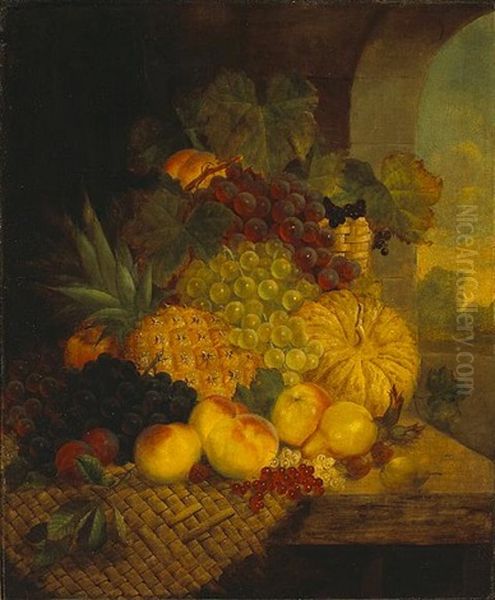 A Still Life With Grapes, Peaches, And A Pineapple With Other Fruit On A Table In An Alcove And A Landscape Beyond Oil Painting by George Lance