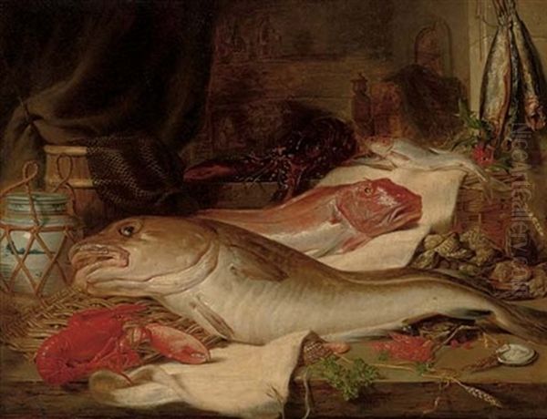 Still Life With Fish, Lobsters And Oysters, On A Ledge Oil Painting by George Lance