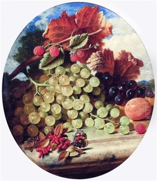 Nature Morte De Raisins, Baies Rouges, Framboises Et Papillon by George Lance