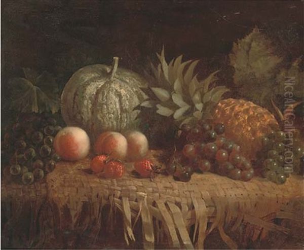 Grapes, Peaches, Strawberries, A Pineapple And A Melon On A Wicker Mat Oil Painting by George Lance