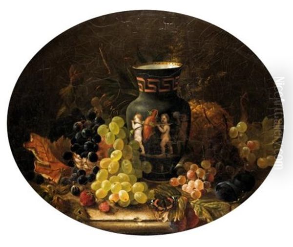 Still Life Of Grapes, Pineapple, Strawberries, Plums And A Classical Vase On A Ledge Oil Painting by George Lance