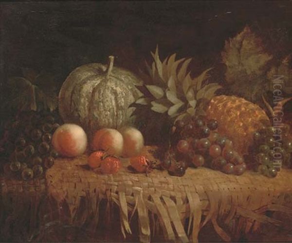 Grapes, Peaches, Strawberries, A Pineapple And A Melon, On A Wicker Mat Oil Painting by George Lance