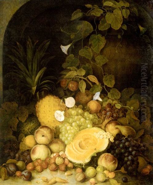 Still Life With Peaches, Plums, Strawberries And Tropical Fruits In An Architectural Niche by George Lance