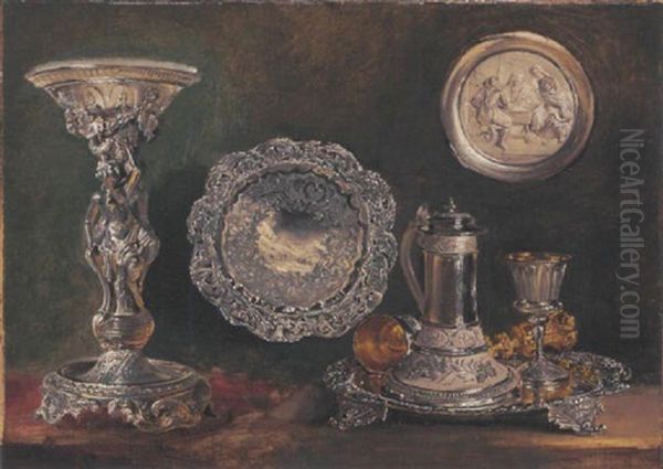 Une Coupe A Friandises En Argent, Un Plat En Argent, Un Pichet, Un Gobelet, Une Timbale Sur Un Presentoir by George Lance