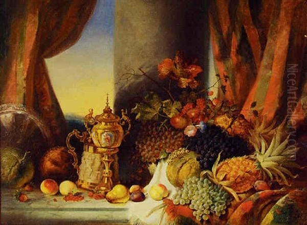 Still Life With A Magnificence Of Fruit, Flowers, Silver Platter, Stein And Jeweled Ciborium Oil Painting by George Lance