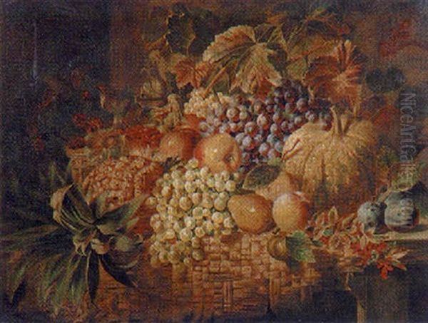 Still Life Of Pumpkin And Fruit In A Basket Oil Painting by George Lance