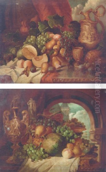 Grapes, Plums, Cobnuts, Peaches, A Pineapple, Stoneware Jugs And A Gilt-metal Goblet And Ewer, On Draped Table Oil Painting by George Lance