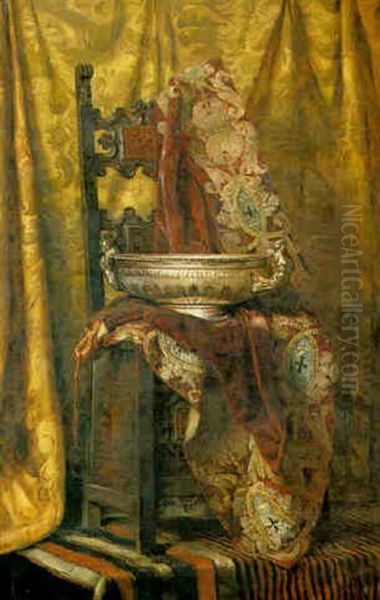 Still Life With A Silver Punch Bowl And Drape On Chair Oil Painting by George Lance