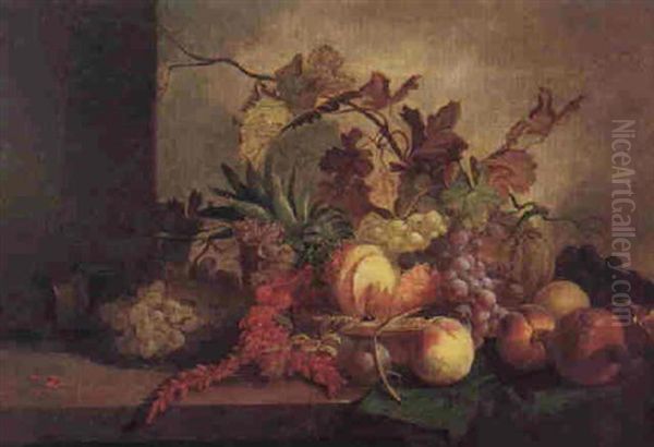 Still Life Of Fruit In A Gold Salver Resting On A Draped Marble Ledge Oil Painting by George Lance