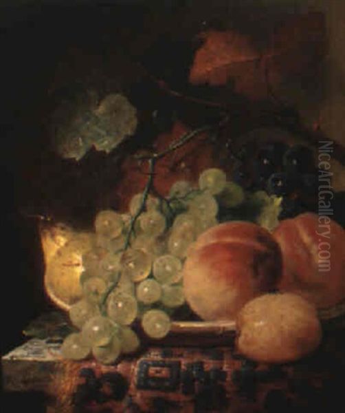 Peaches, Grapes, A Pear And A Plum On A Draped Ledge Oil Painting by George Lance