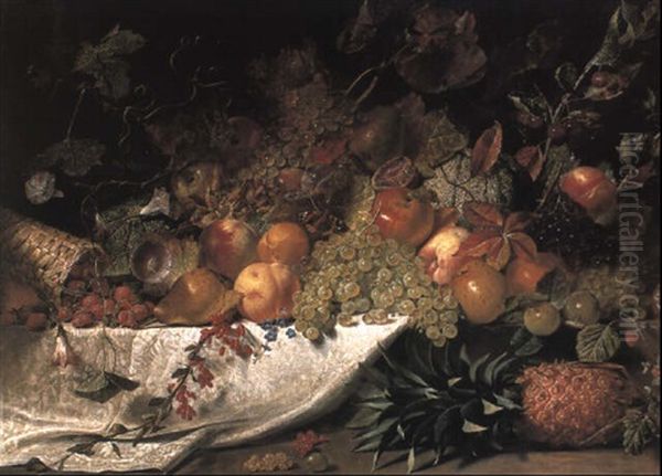 Fruit And Flowers On A Stone Ledge Oil Painting by George Lance