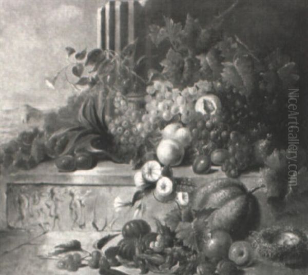 Still Life Of Fruit With A Gourd In A Classical Landscape Oil Painting by George Lance