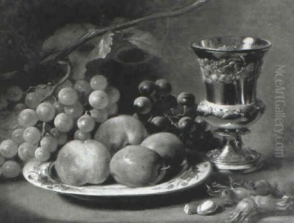 Still Life With Grapes, Peaches And Plums On A Delft Plate Oil Painting by George Lance