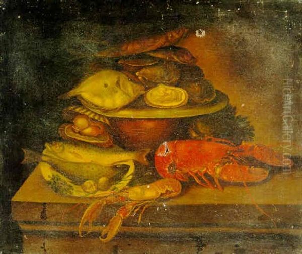 Still Life With Lobster, Trout And Oysters Oil Painting by George Lance