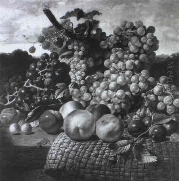 Grapes, White Currants, Raspberries, Cherries, Plums,       Peaches An Apple And A Pineapple On A Rush Mat On A Wooden Oil Painting by George Lance