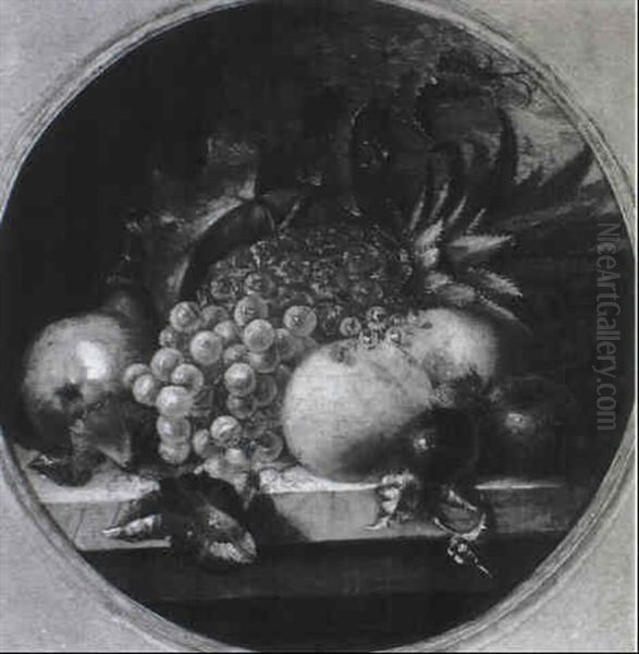 A Pineapple, Grapes, Apples And Plums With Convolvulus On A Ledge Oil Painting by George Lance