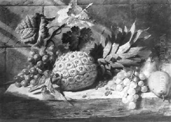 Still Life Of Black And White Grapes, Pears, Redcurrants Anda Pineapple On A Ledge Oil Painting by George Lance