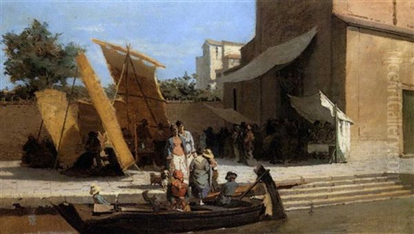 Imbarco Al Canale - Venezia Oil Painting by Egisto Lancerotto