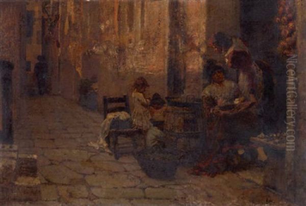 A View Of An Alleyway With Women And Children Gathering In The Foreground Oil Painting by Egisto Lancerotto