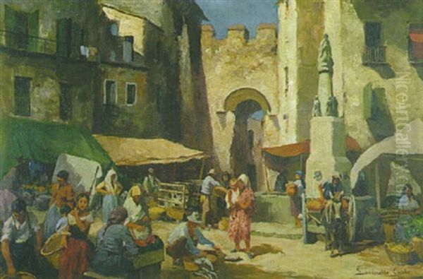 Markttreiben In Einem Alten, Italienischen Stadtchen Oil Painting by Egisto Lancerotto