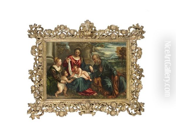 The Holy Family With The Infant Saint John The Baptist And Saint Dorothy In A Carved And Gilt Frame With Scrolling Acanthus Centres And A Running Flowering Vine Oil Painting by Polidoro da Lanciano