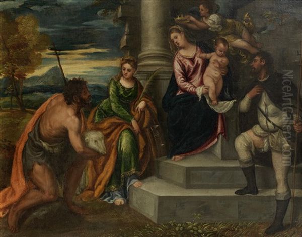 A Sacra Conversazione With Saints John The Baptist, Catherine And Roch Oil Painting by Polidoro da Lanciano