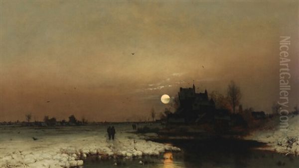 Wintery Landscape Under The Full Moon Oil Painting by Ludwig Lanckow