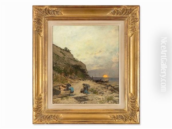 Coastal Scene At Moonrise Oil Painting by Ludwig Lanckow