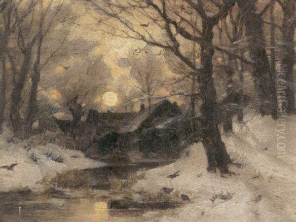 Mondaufgang Uber Einem Verschneiten Fluslauf Oil Painting by Ludwig Lanckow