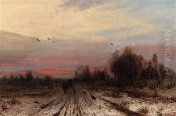 Winterliche Landschaft Mit Jagern Im Abendrot Oil Painting by Ludwig Lanckow