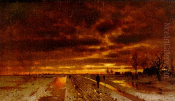 A Winter Landscape At Sunset Oil Painting by Ludwig Lanckow