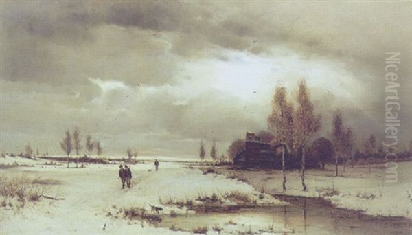 Vinterlandskab Med Jaegere, Der Drager Hjem I Skumringen Oil Painting by Ludwig Lanckow