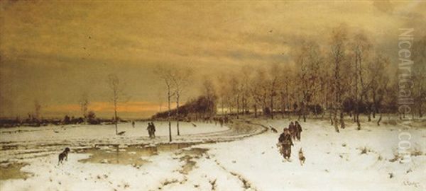 Jager In Weiter Abendlicher Winterlandschaft Oil Painting by Ludwig Lanckow